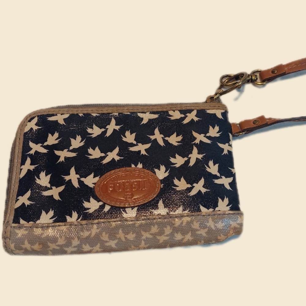 Fossil Navy and Tan Wristlet Clutch